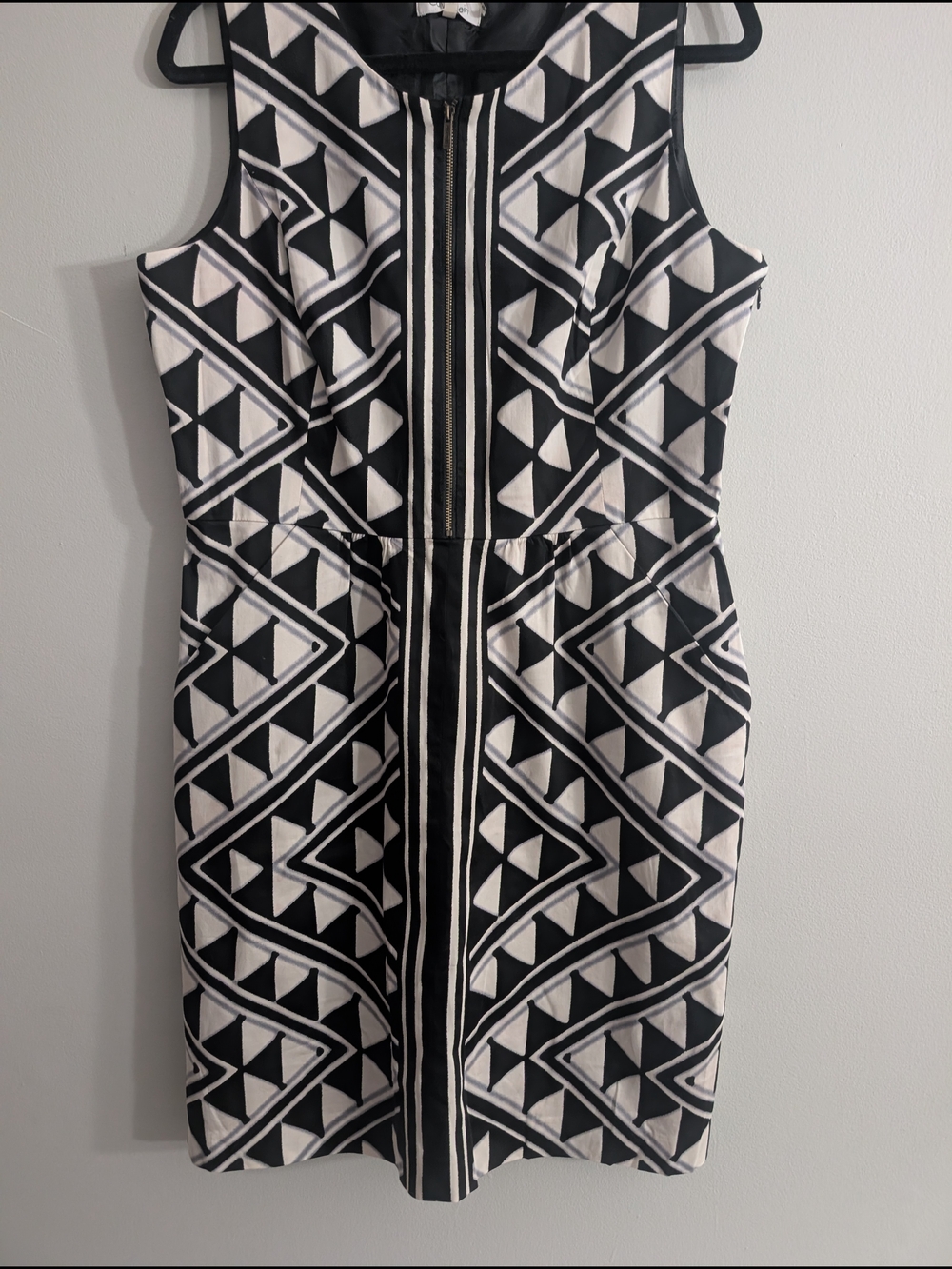 Calvin Klein Black and White Geometric Zip-Front Sheath Mini Dress